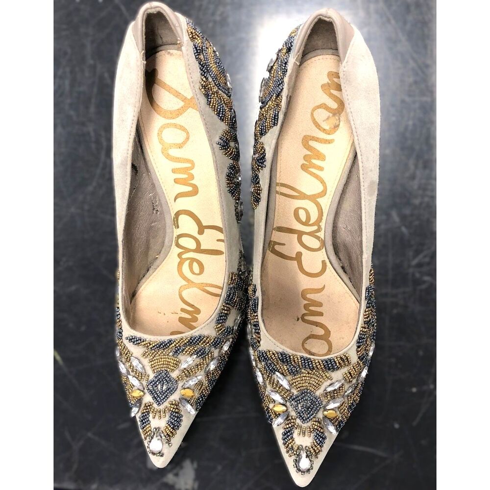 Sam Edelman "Dani" Beaded Pointed Toe Suede Pump Heels 6.5M